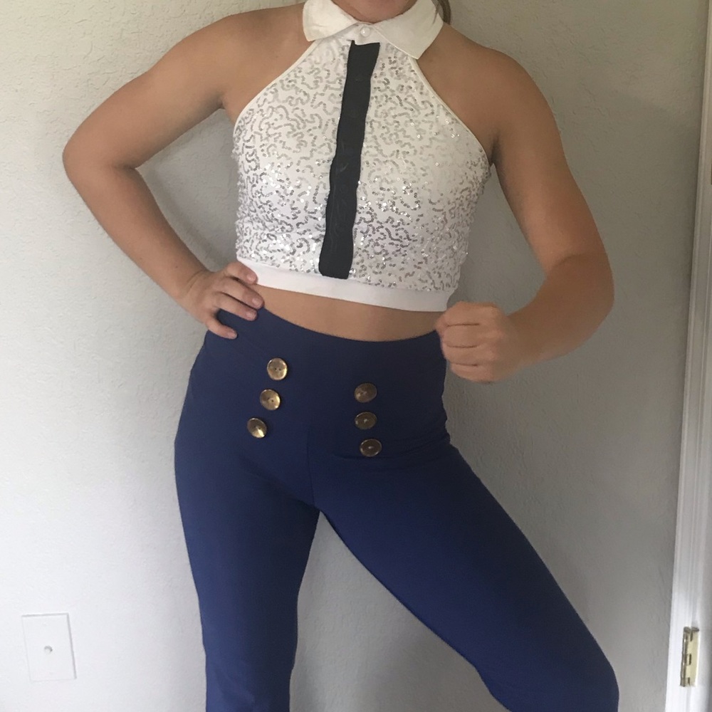 white and blue dance costume